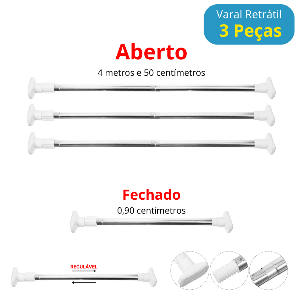 Varal Retrátil Multifuncional Ajustável- (3 Peças que chegam até 4,5 M)