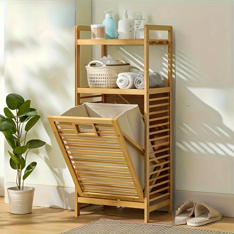 Cesto de roupa suja de bambú contemporâneo multi compartimentos